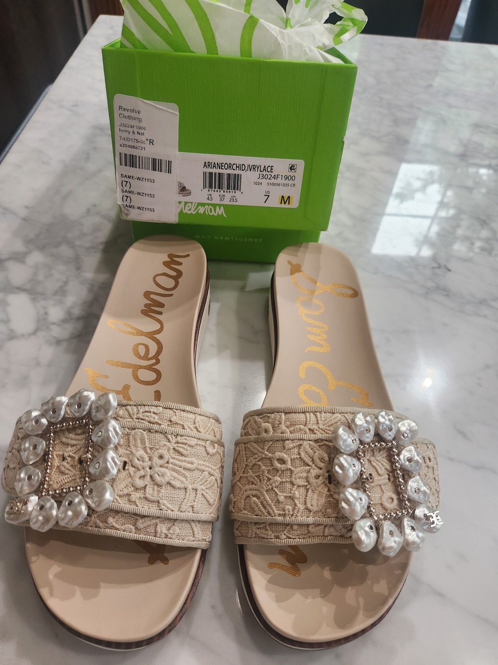 Sam Edelman Beize Lace Ivory Beaded Knit Slide Sandals, BRAND NEW w BOX. - Picture 3 of 5